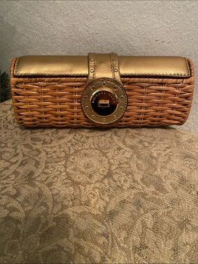 Michael Kors Santorini Straw Clutch Gold Top and Tan Woven